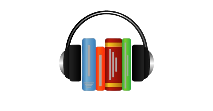 A green background with headphones and books.