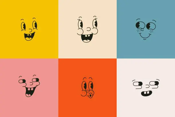 A series of six different colored squares with faces drawn on them.