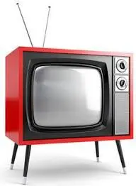 A red television set with black legs and silver screen.